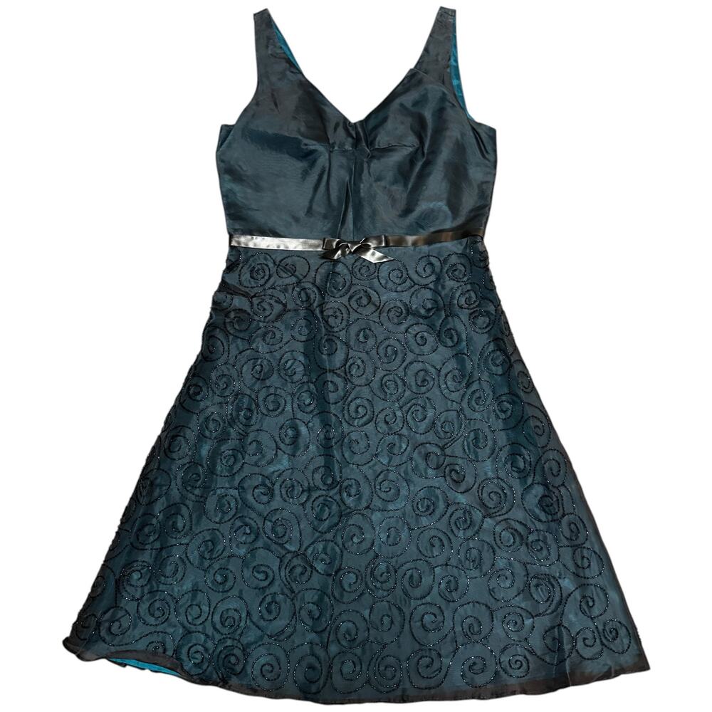 NEW Laundry by Shelli Segal Sleeveless Beaded Silk Dress Spirals Bow Teal Size 8